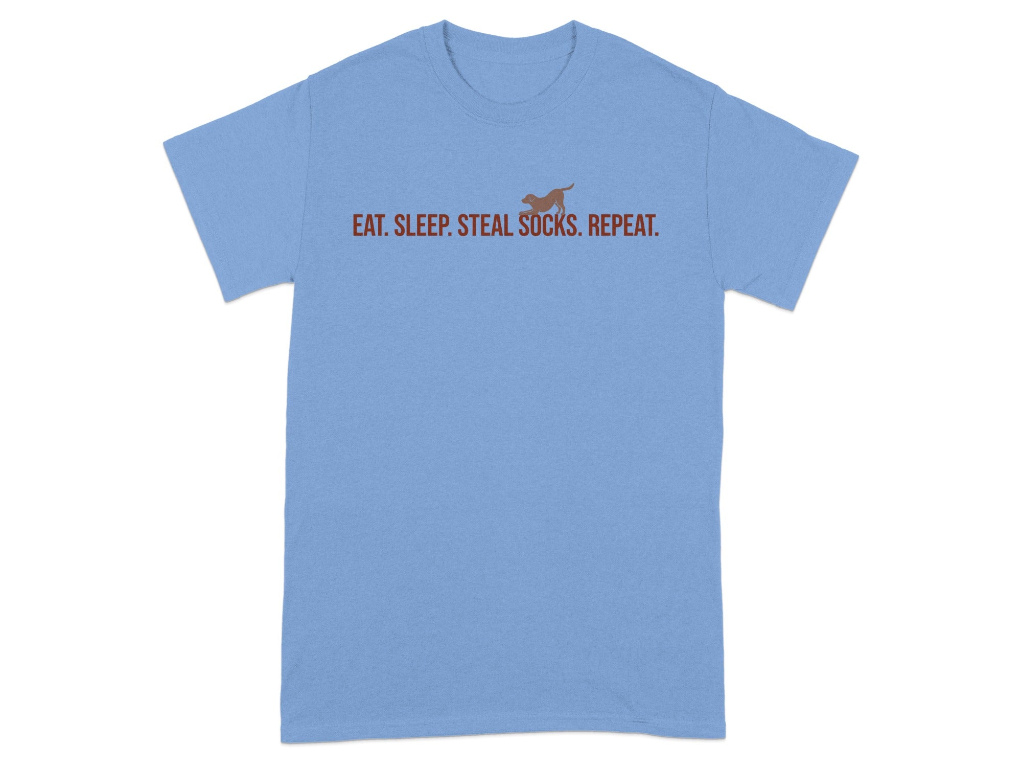 Light blue t-shirt with text "EAT. SLEEP. STEAL. SOCKS. REPEAT."
