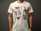 Framed illustrations of Australian Shepherds and dog accessories on a white t-shirt.