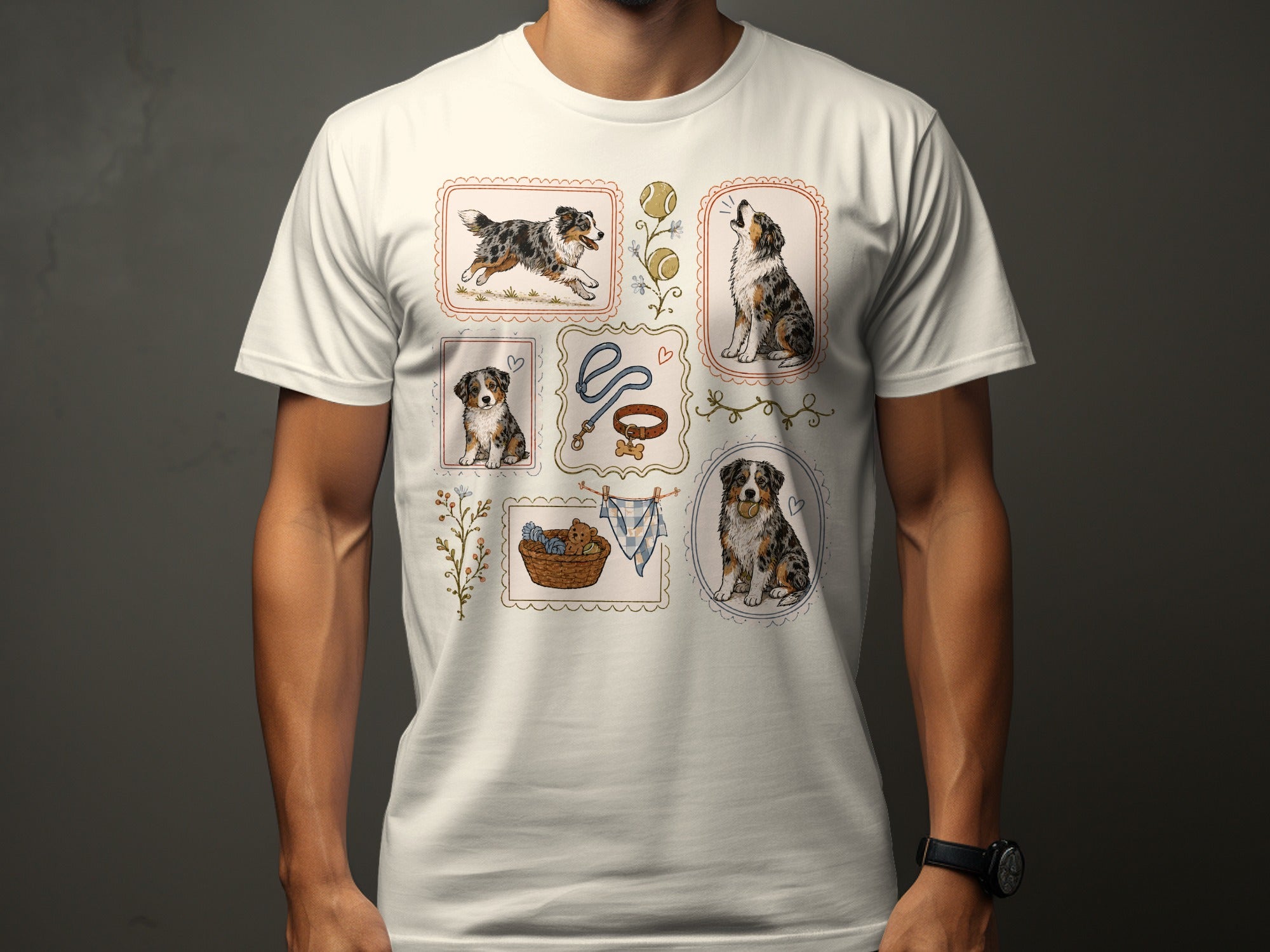 Framed illustrations of Australian Shepherds and dog accessories on a white t-shirt.