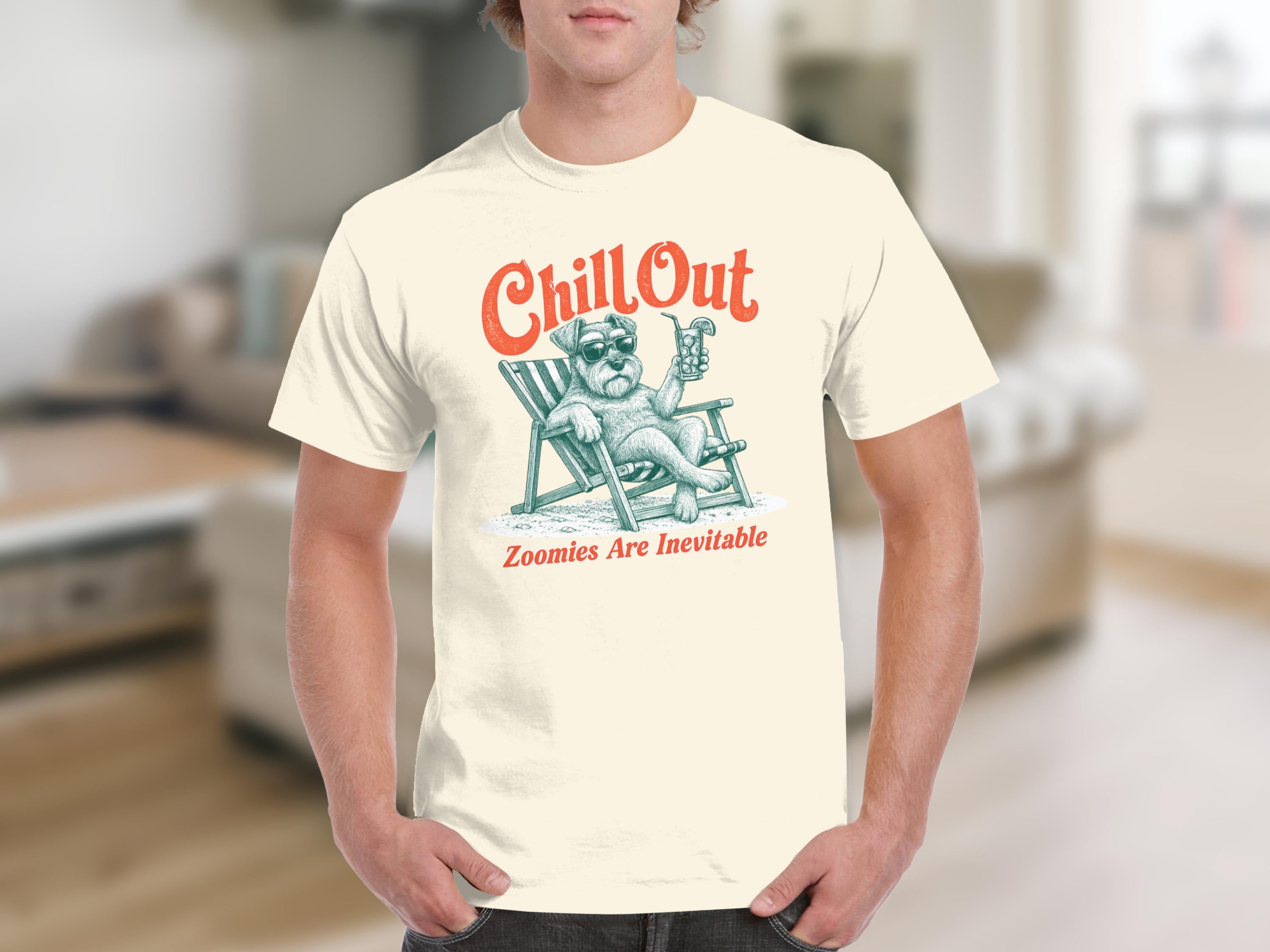 T-shirt with a dog relaxing in a beach chair with "Chill Out" and "Zoomies Are Inevitable".