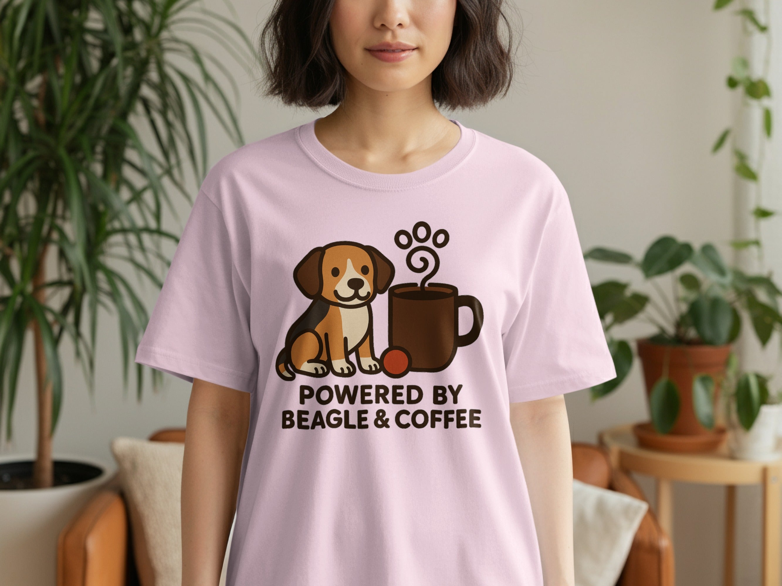 Pink t-shirt with beagle and coffee cup graphic and text "POWERED BY BEAGLE & COFFEE".