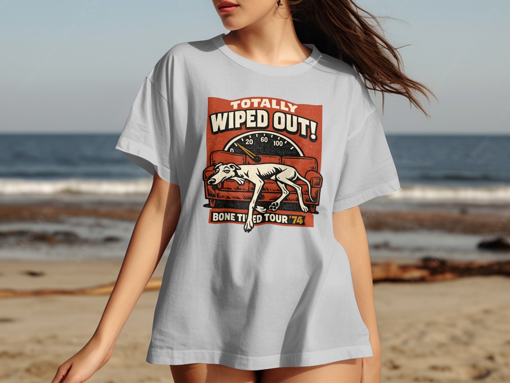 Grey t-shirt with "Totally Wiped Out! Bone Tired Tour '74" text and a couch with a dog.
