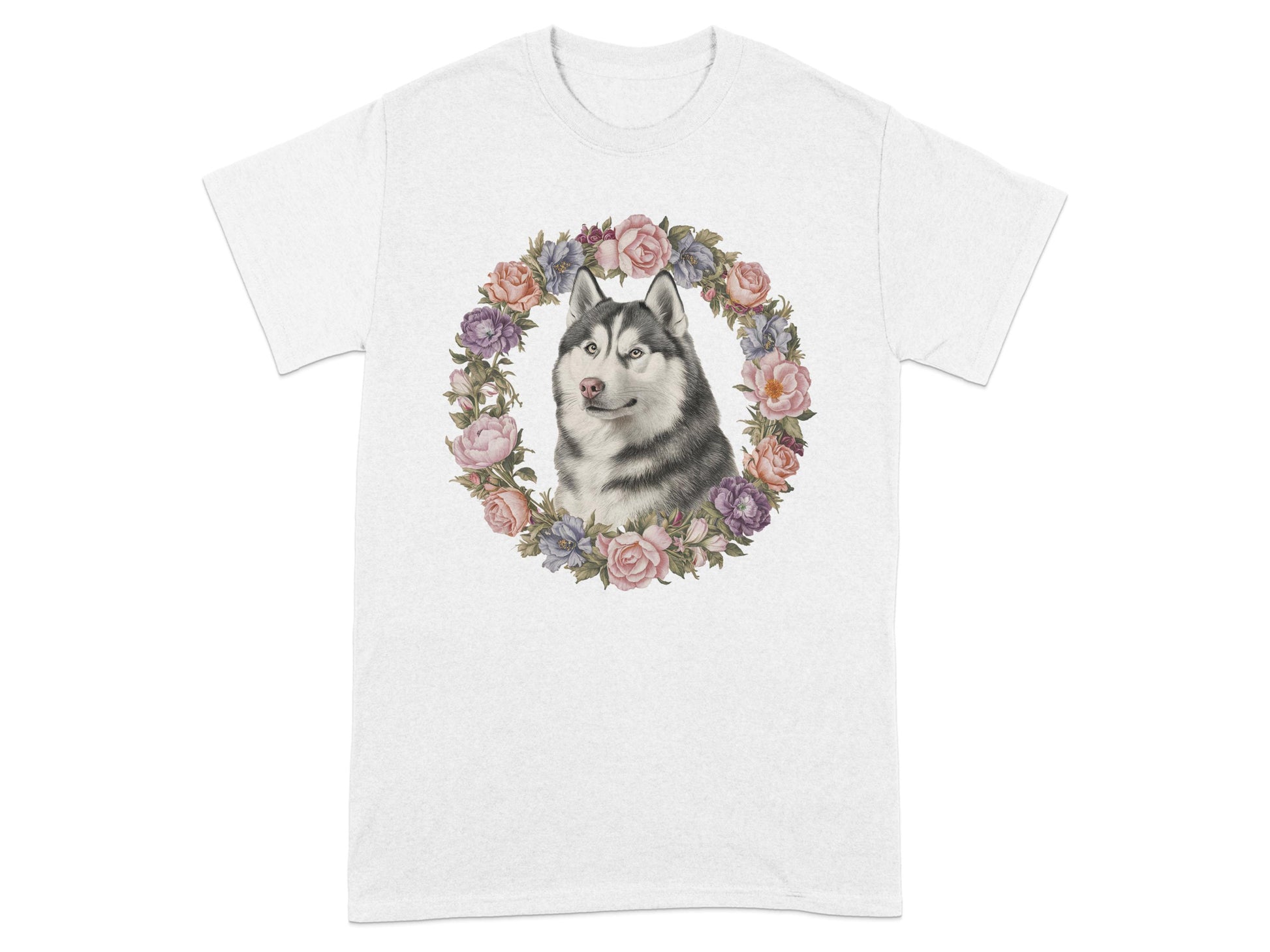 Husky Dog Surrounded by Floral Wreath T-Shirt product