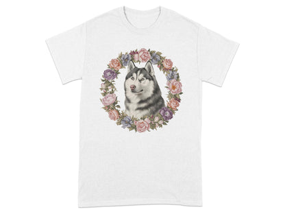 Husky Dog Surrounded by Floral Wreath T-Shirt product