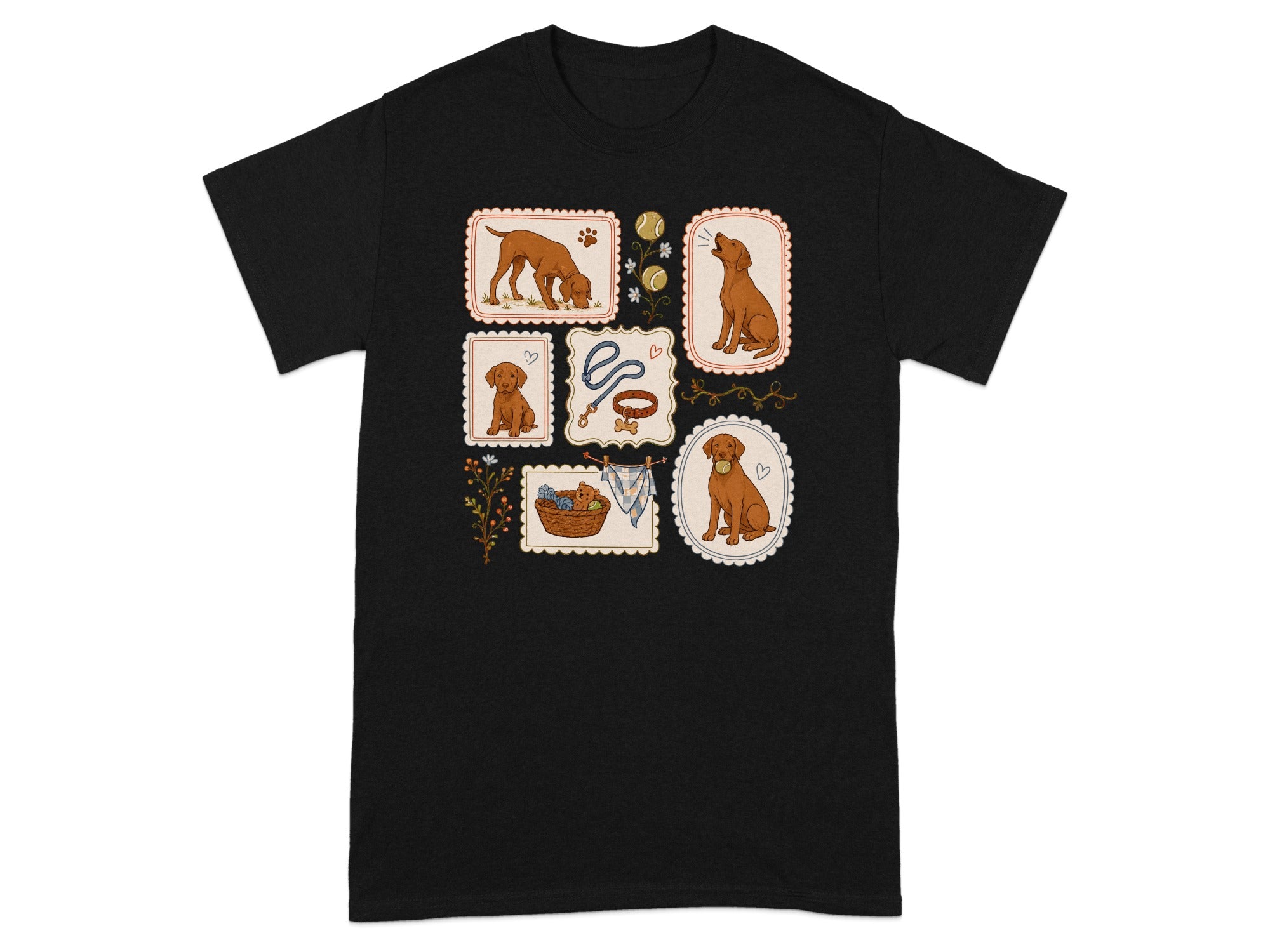 T-shirt with framed illustrations of a Labrador retriever and dog-related items.