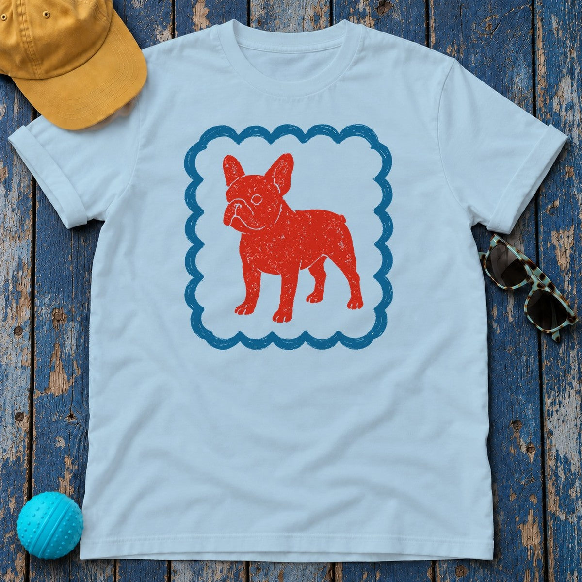 French Bulldog in Decorative Border Graphic Design T-Shirt in Light Blue