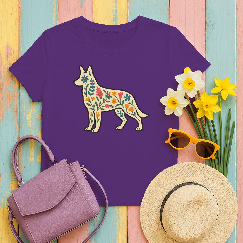 Floral German Shepherd T-Shirt in Purple