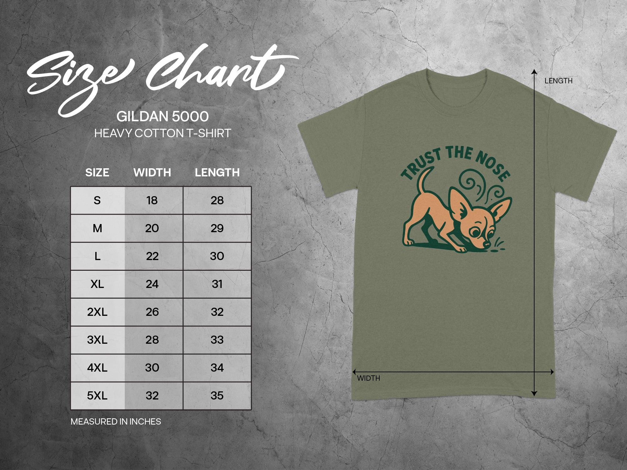 Gildan 5000 size chart for heavy cotton t-shirt with chihuahua graphic.