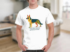 White t-shirt with abstract German Shepherd graphic and text.