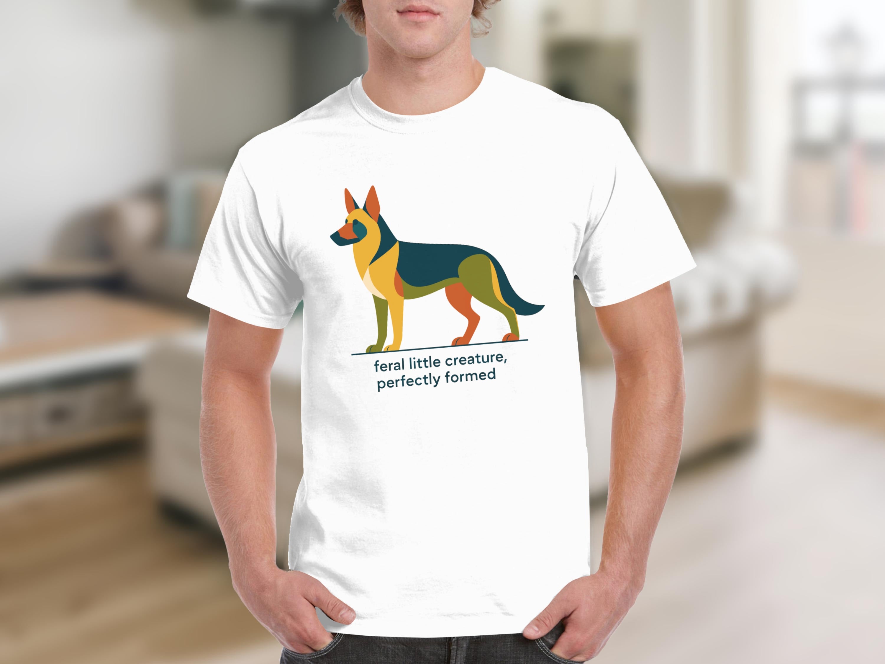 White t-shirt with abstract German Shepherd graphic and text.