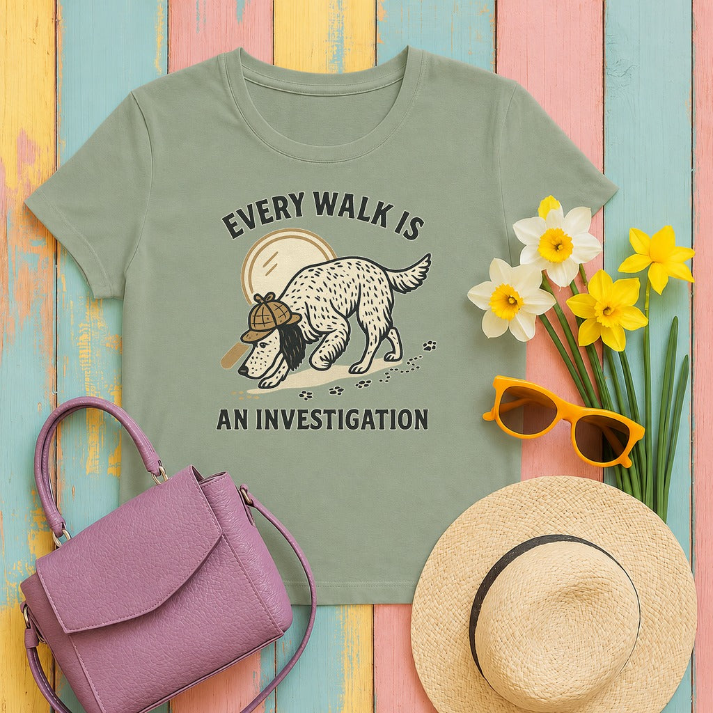 English Setter Every Walk Is an Investigation Tee in Sage