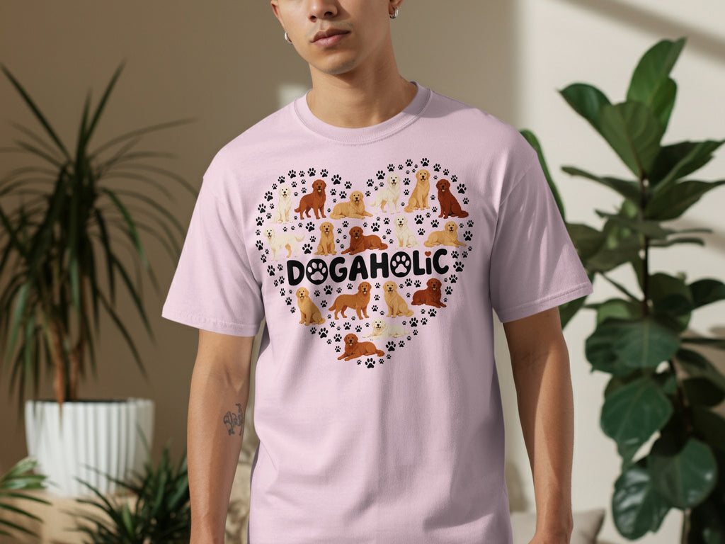 Pink t-shirt with a heart-shaped graphic of various dog breeds.