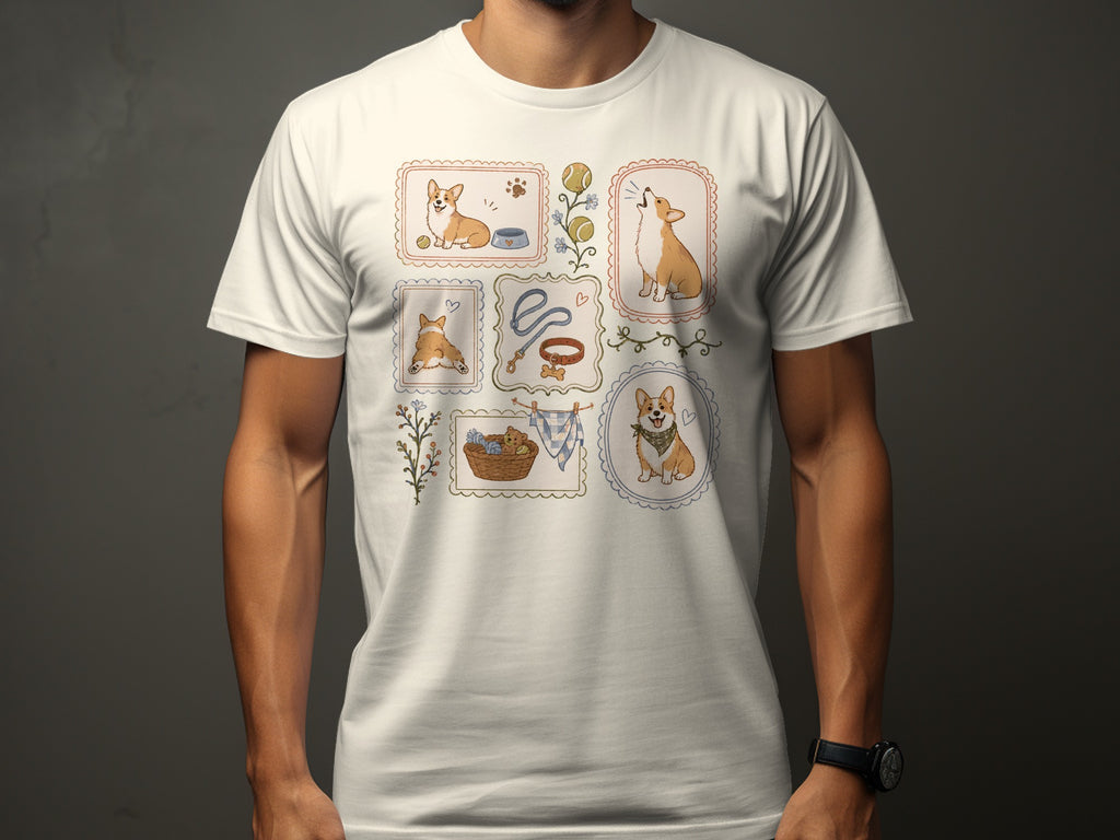 Framed illustrations of corgis, dog toys, and basket on a white t-shirt.