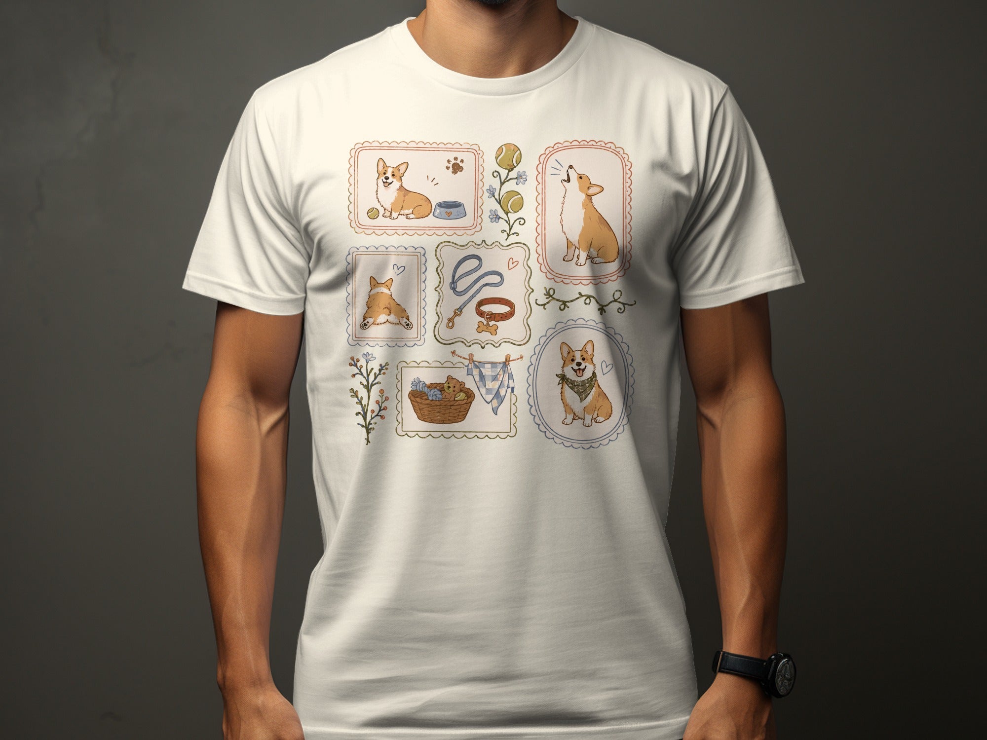 Framed illustrations of corgis, dog toys, and basket on a white t-shirt.