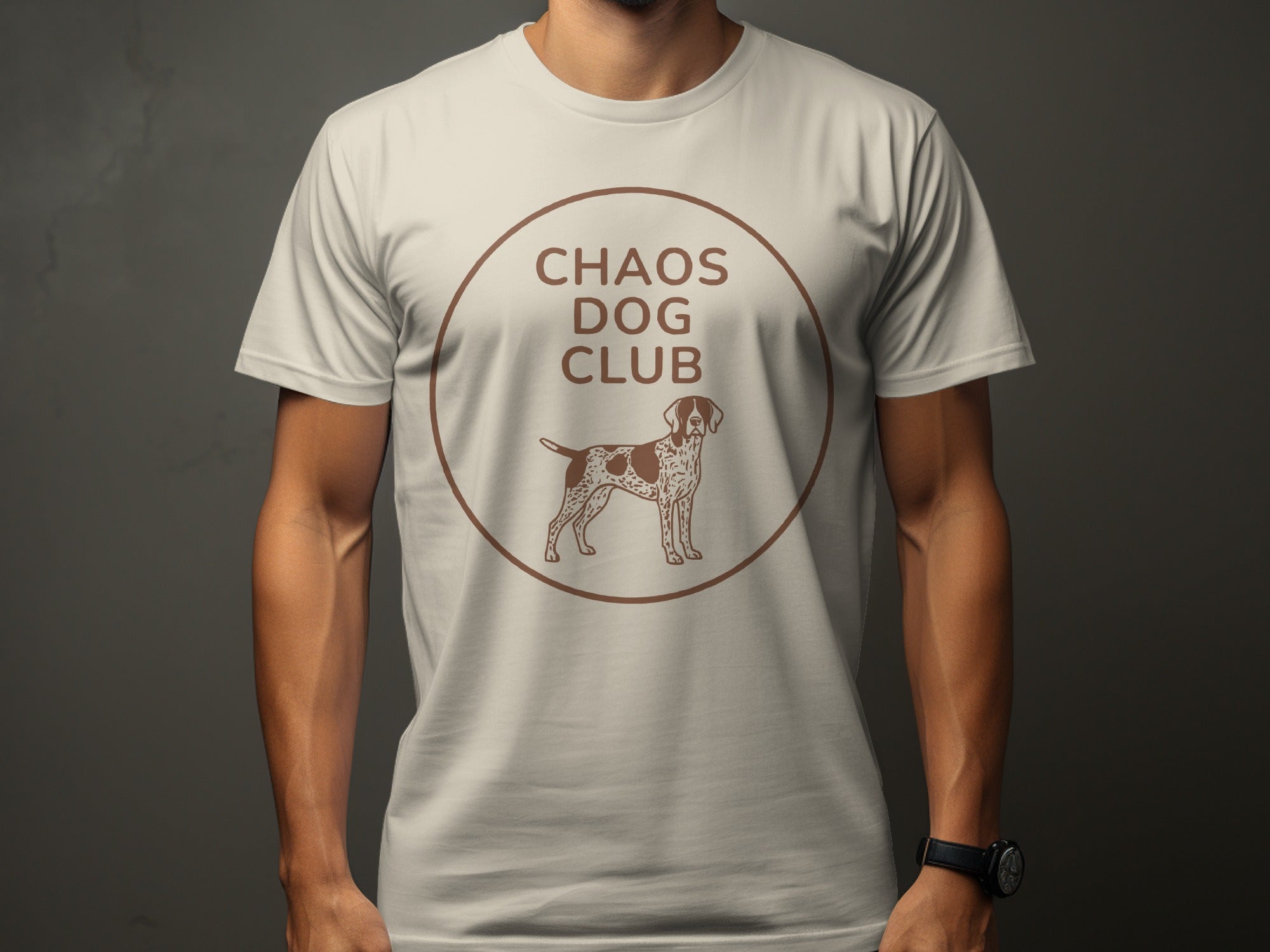 Beige t-shirt with brown circular logo and "CHAOS DOG CLUB" text.