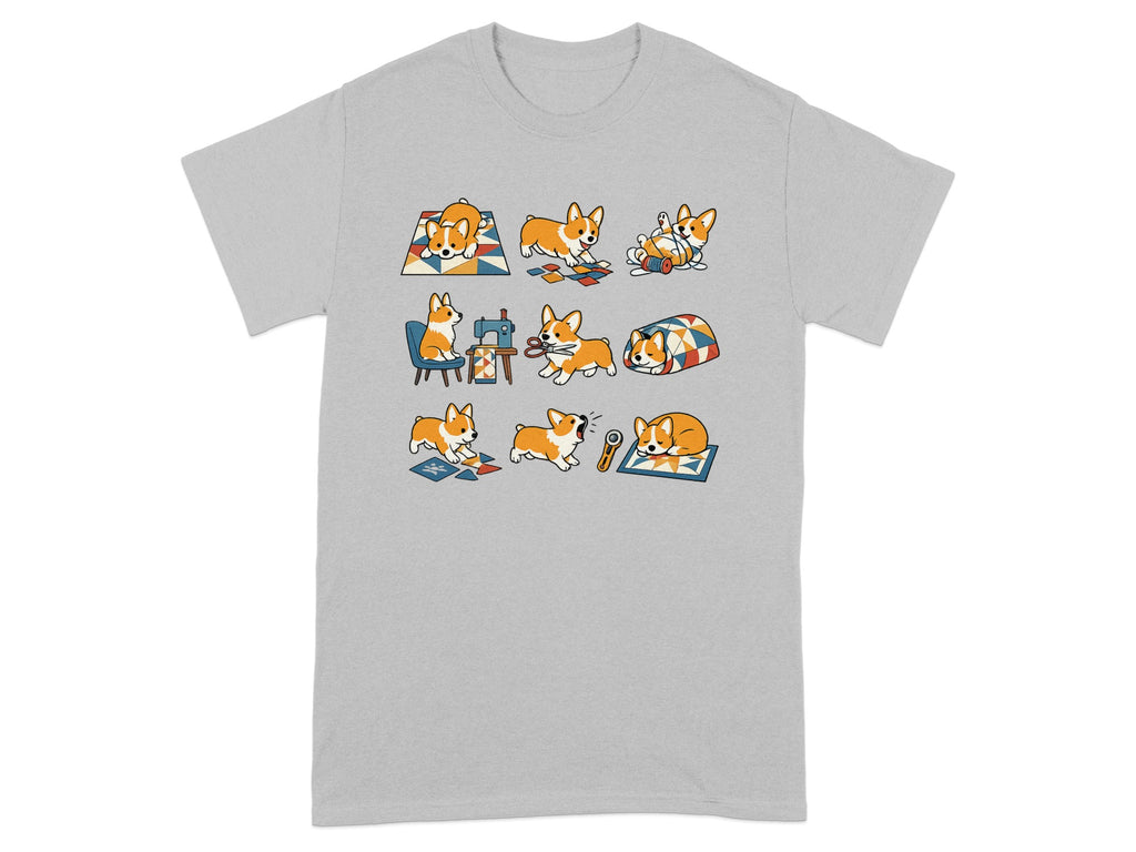 Eight cartoon corgis are depicted in various sewing-related activities on a gray t-shirt.