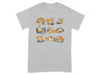 Eight cartoon corgis are depicted in various sewing-related activities on a gray t-shirt.