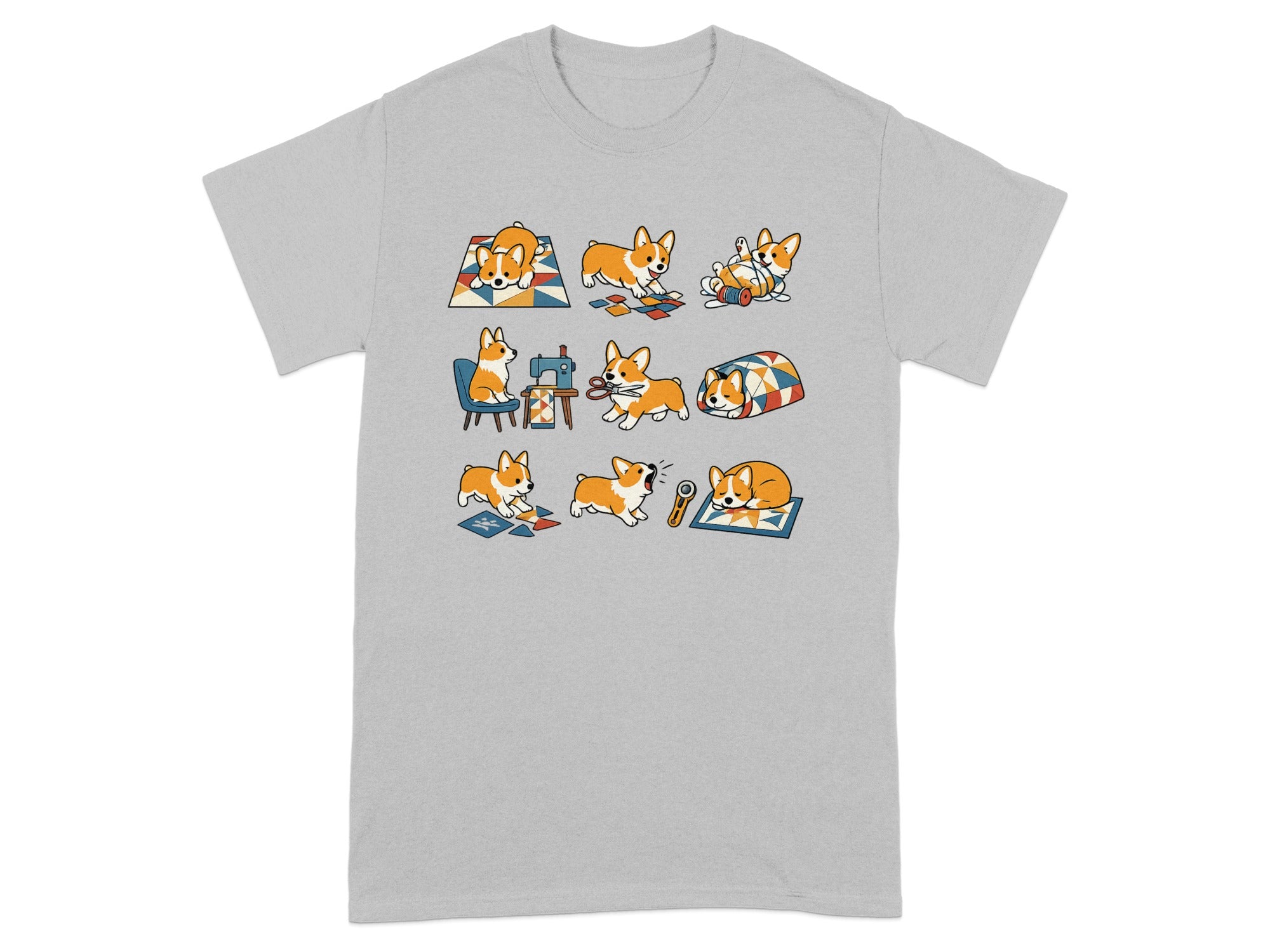 Eight cartoon corgis are depicted in various sewing-related activities on a gray t-shirt.