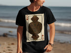 Black t-shirt with Queen of Hearts playing card featuring a chocolate lab dog.