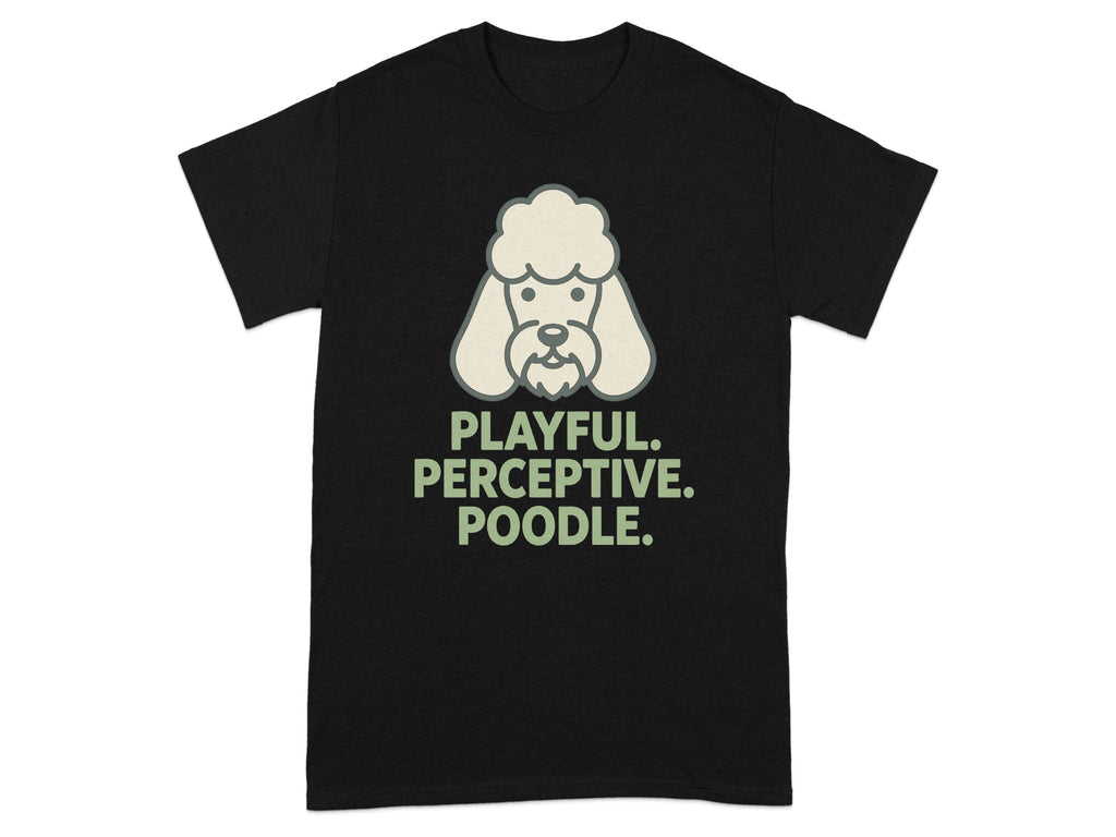 Black t-shirt with a cartoon poodle graphic and text.