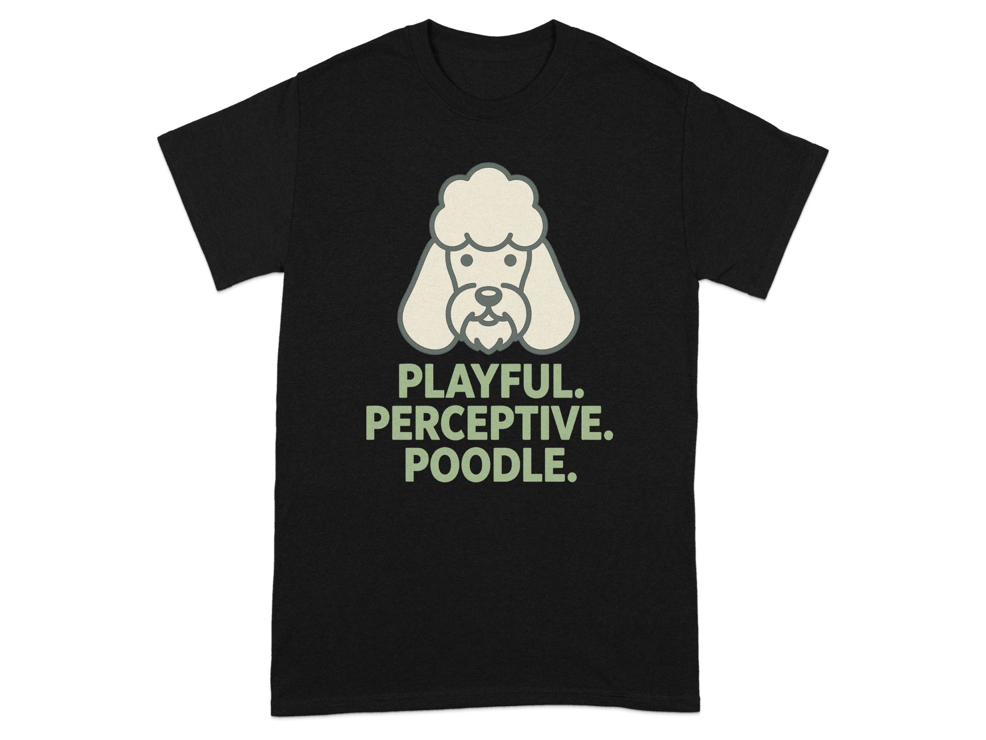 Black t-shirt with a cartoon poodle graphic and text.
