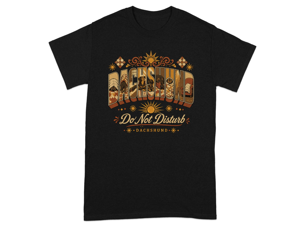 Black t-shirt with "Dachshund Do Not Disturb" text and sun graphics.