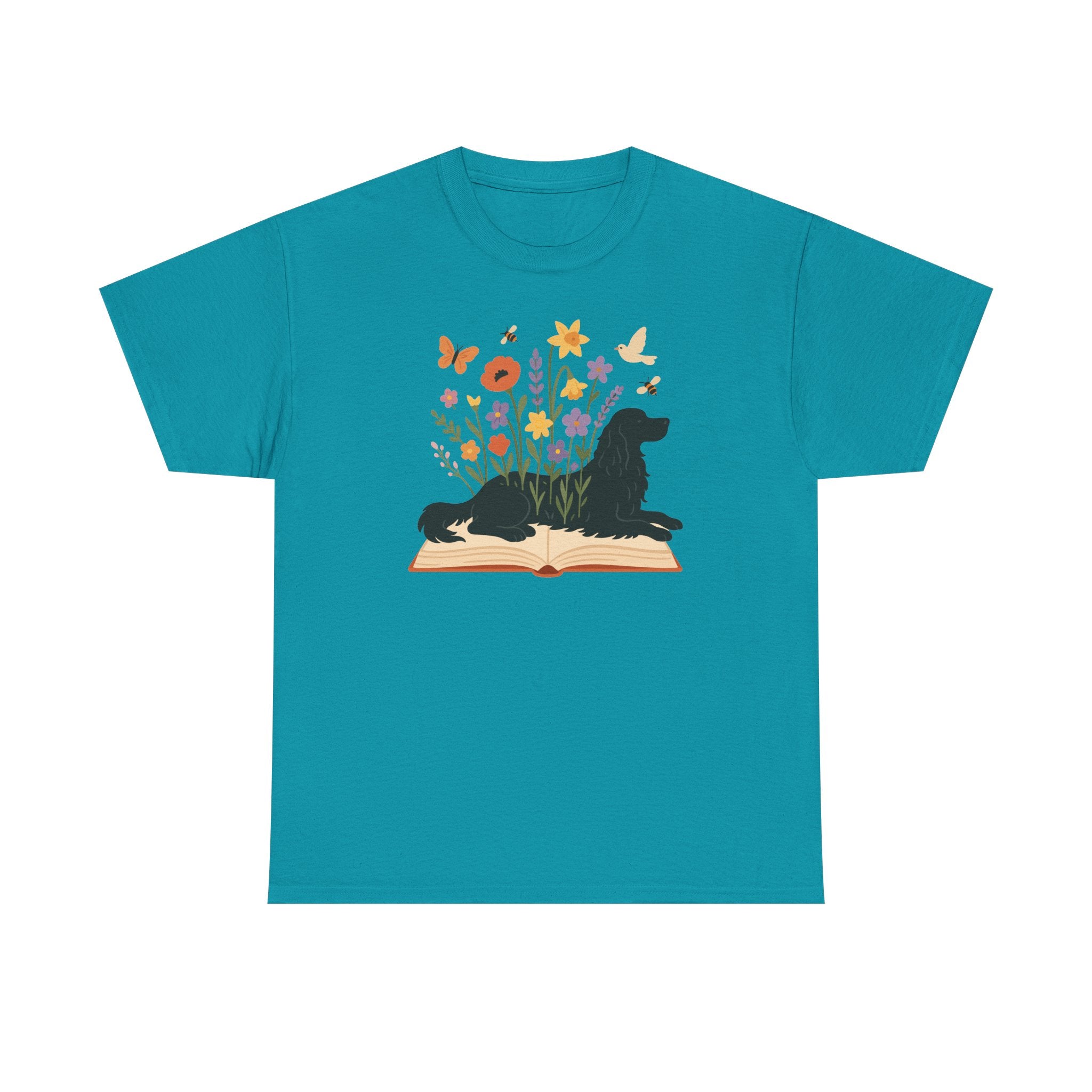 Gordon Setter Resting on Book Amidst Blooms Garden Art T-Shirt