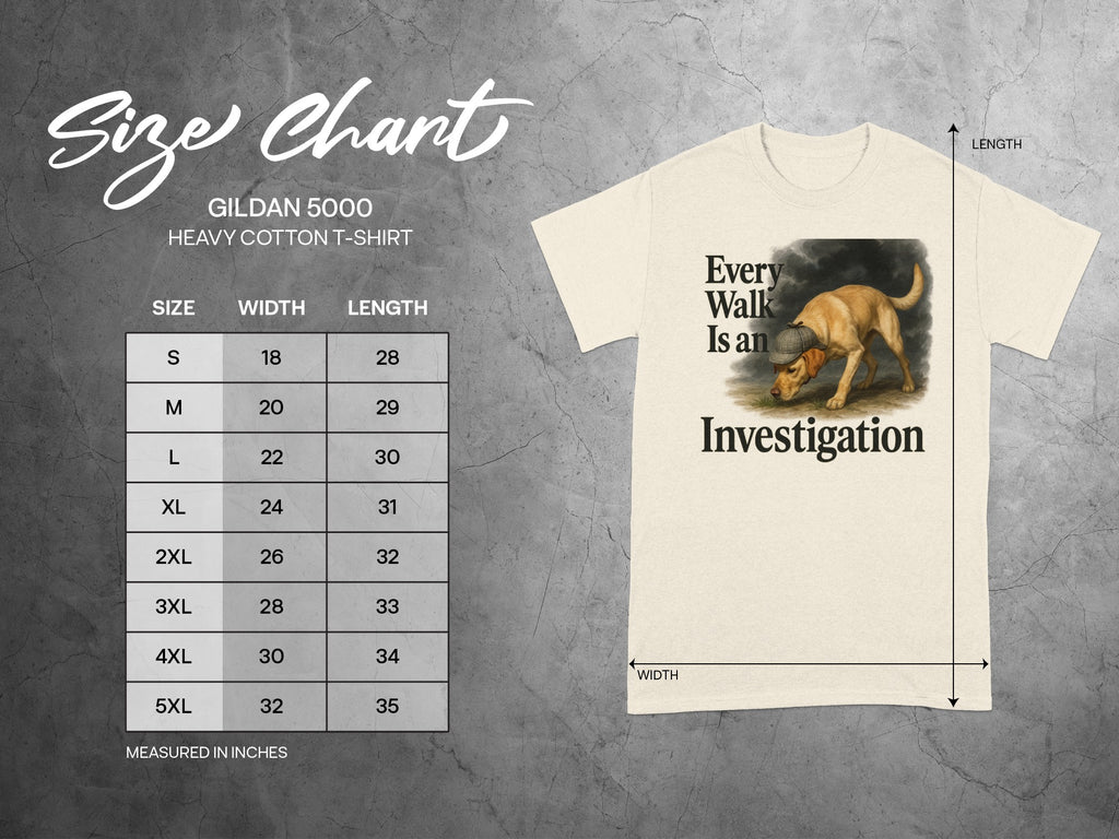 Size chart for Gildan 5000 heavy cotton t-shirt with dog graphic.
