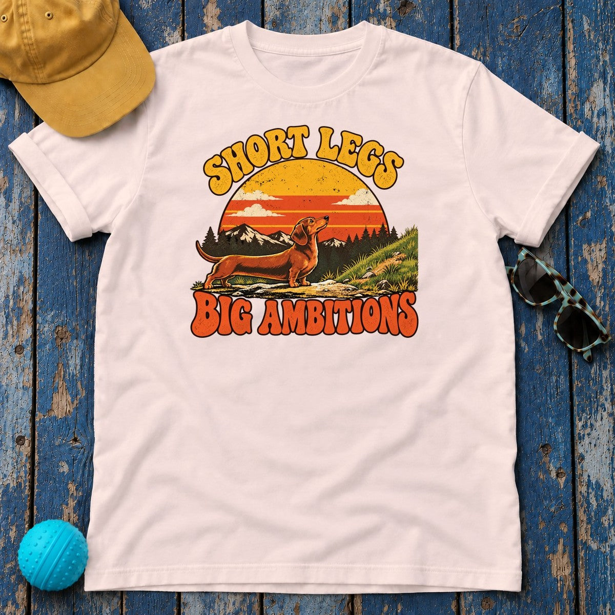 Short Legs Big Ambitions Dachshund T-Shirt in Soft Pink - flat lay