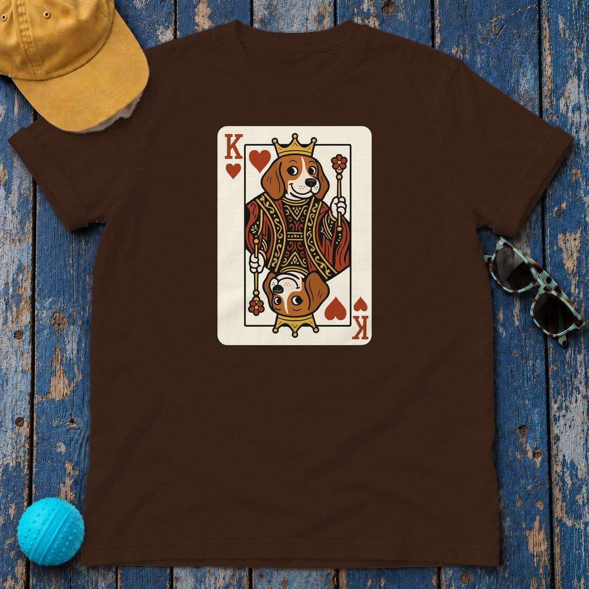 King Of Hearts Cute Beagle Playing Card Funny Deck T-Shirt in Dark Chocolate