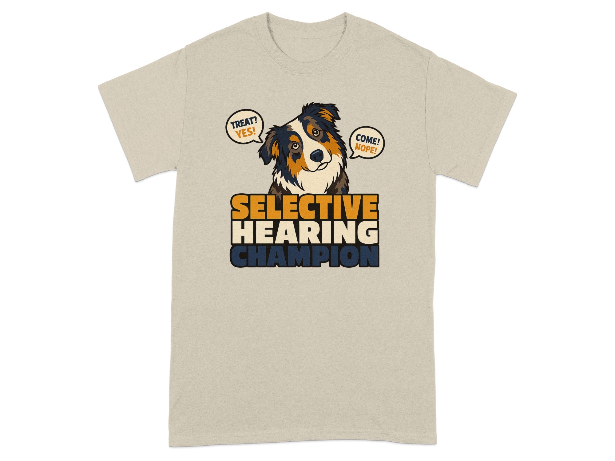 Beige t-shirt with dog and "Selective Hearing Champion" text.