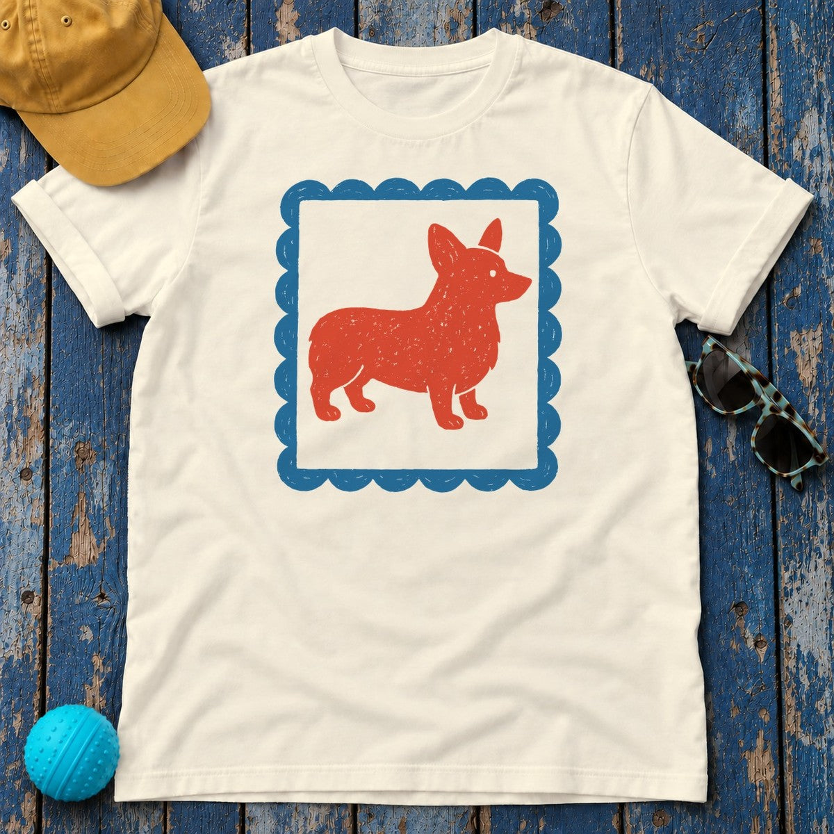 Cute Cartoon Corgi Dog Inside Ornamental Frame T-Shirt in Natural