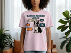 Pink t-shirt with "Boston Terrier Logic" flowchart and a cartoon dog.