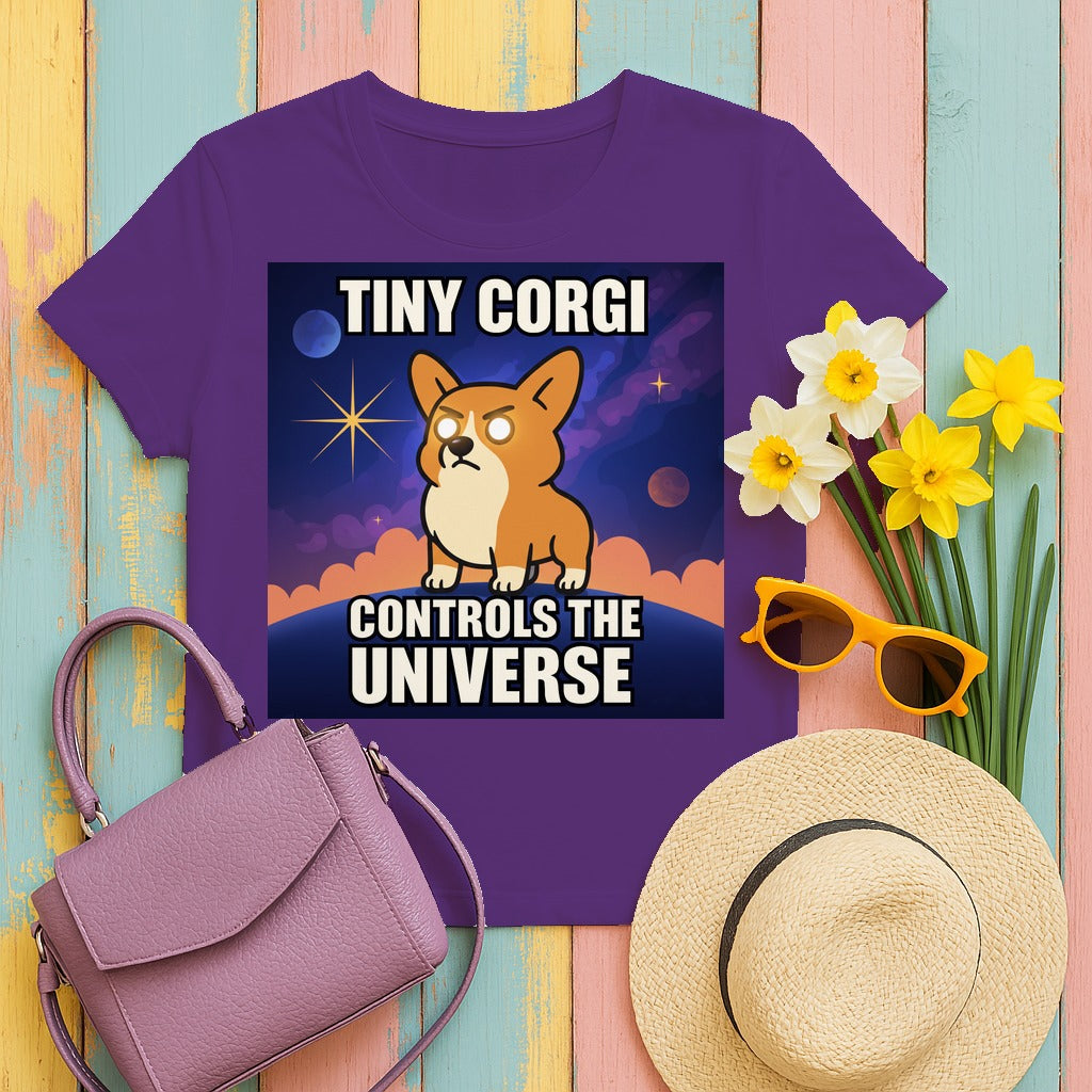 Tiny Corgi Controls the Universe Graphic Design T-Shirt in Purple