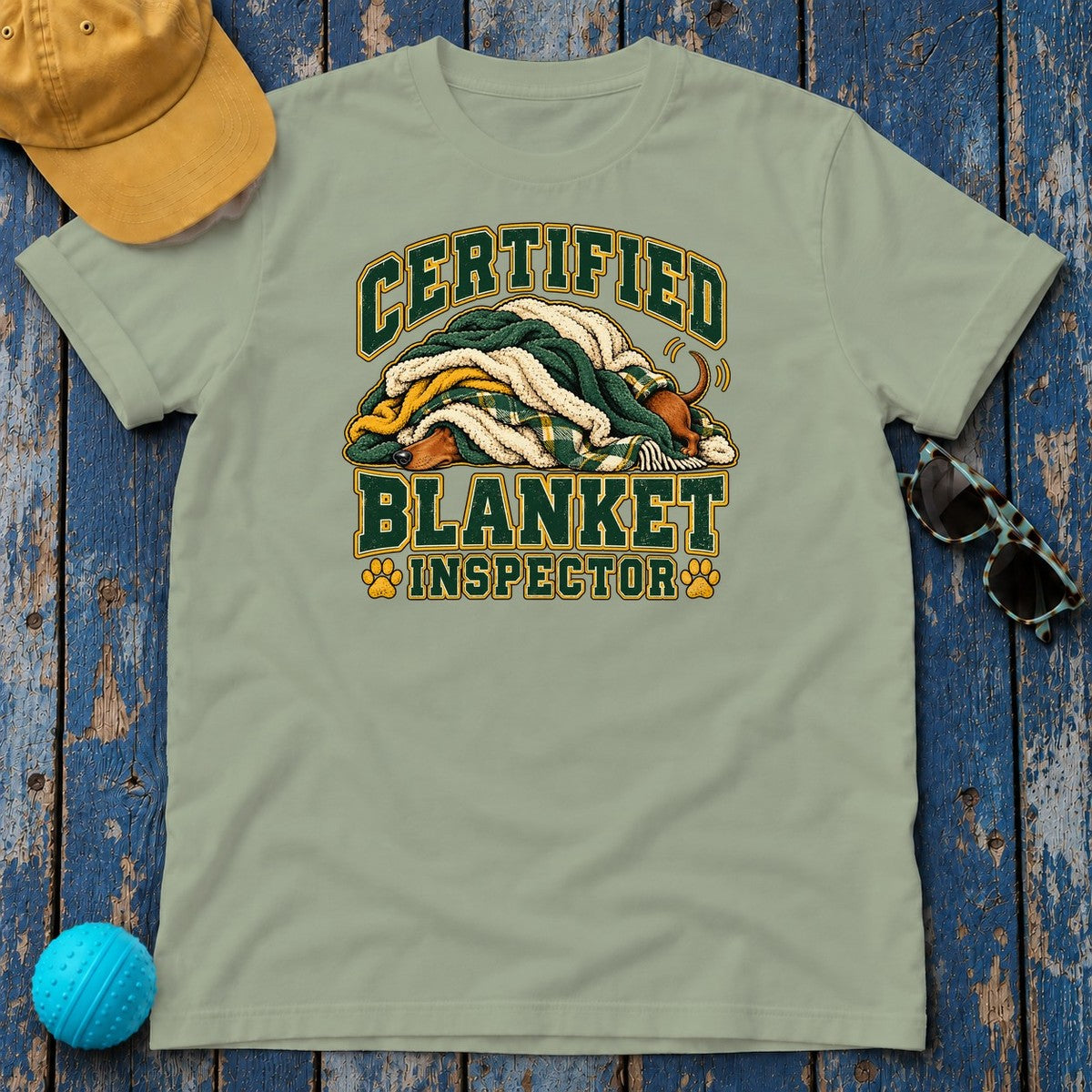 Certified Blanket Inspector Dachshund T-Shirt in Sage - flat lay