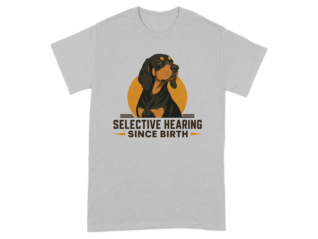 T-shirt graphic with a dog illustration and "SELECTIVE HEARING SINCE BIRTH" text.