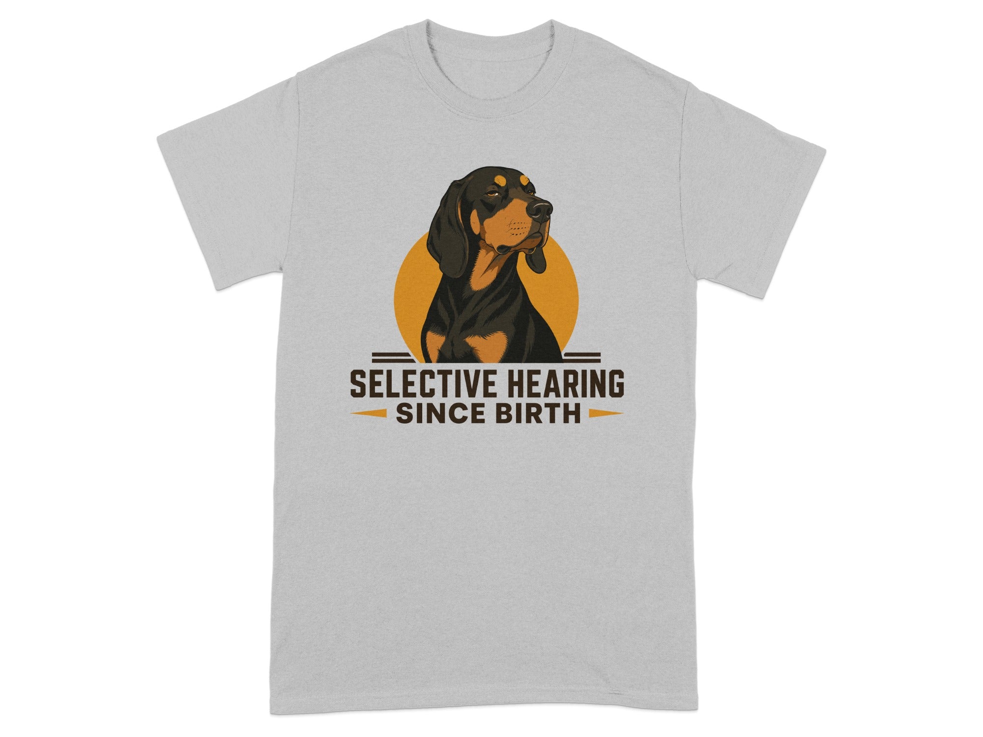 T-shirt graphic with a dog illustration and "SELECTIVE HEARING SINCE BIRTH" text.