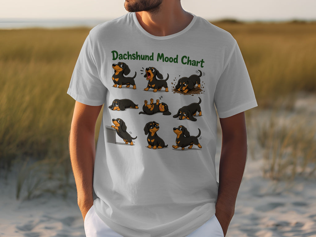 T-shirt with nine different dachshund cartoon illustrations on a beach.