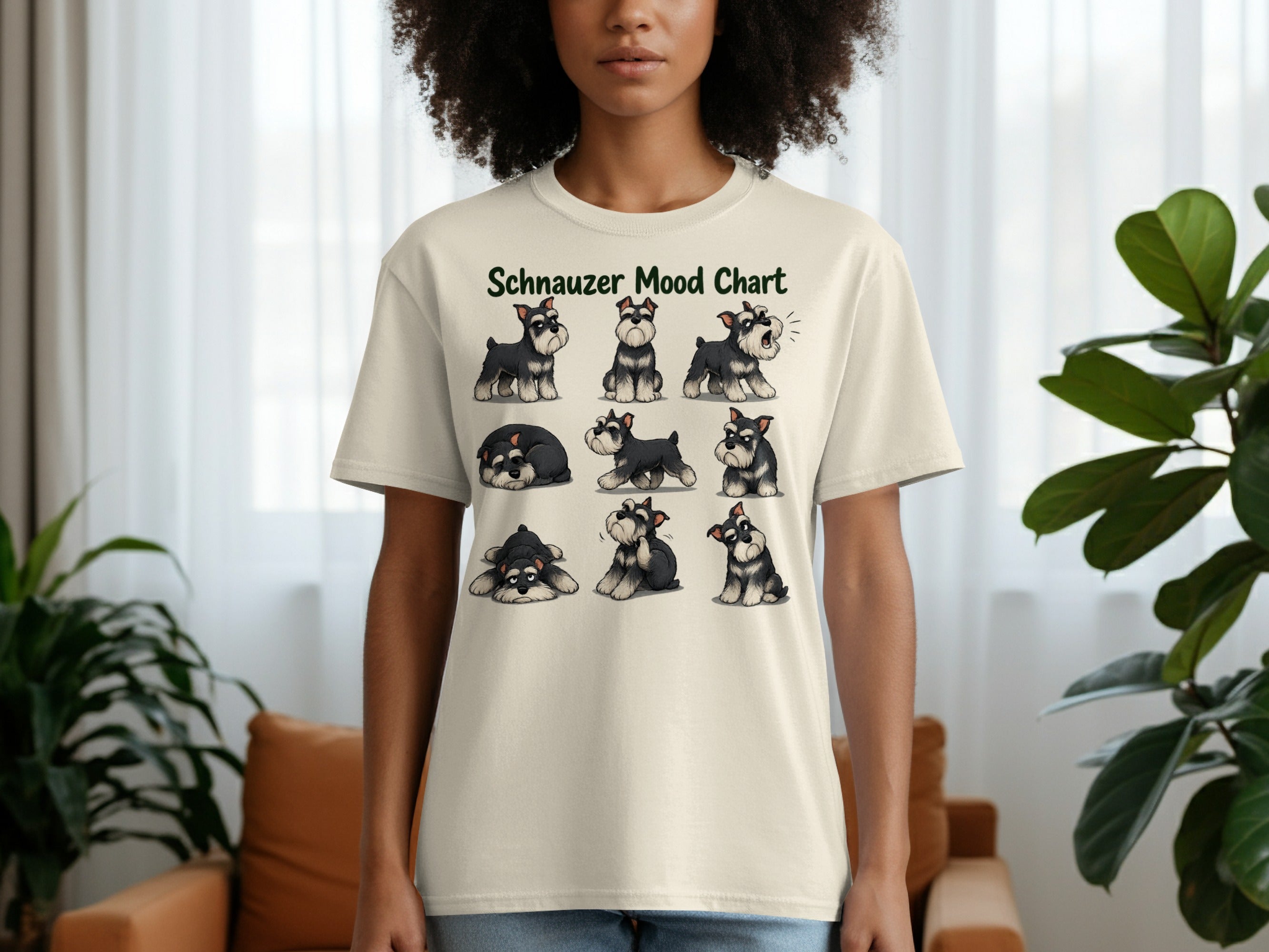 Schnauzer Mood Chart with cartoon schnauzers in various poses and expressions.