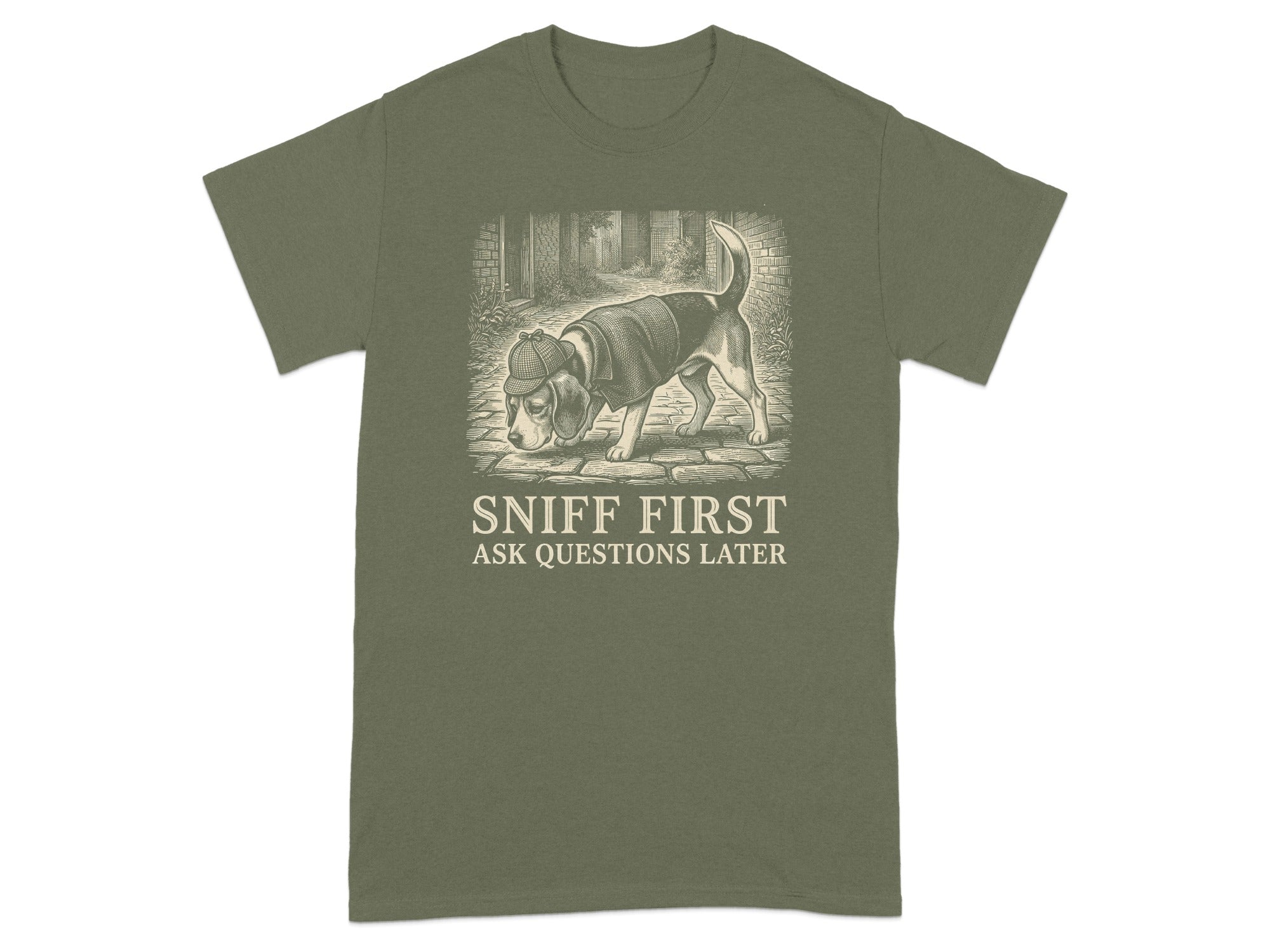 Olive green t-shirt with a beagle in a detective hat sniffing the ground.