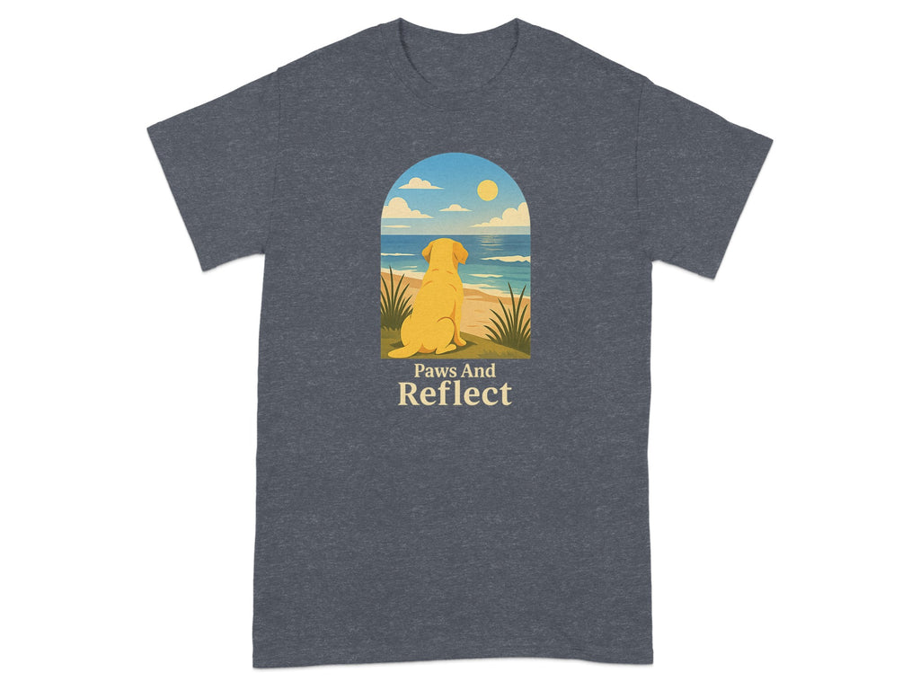Golden retriever sits at the beach looking at the ocean. "Paws And Reflect" text.