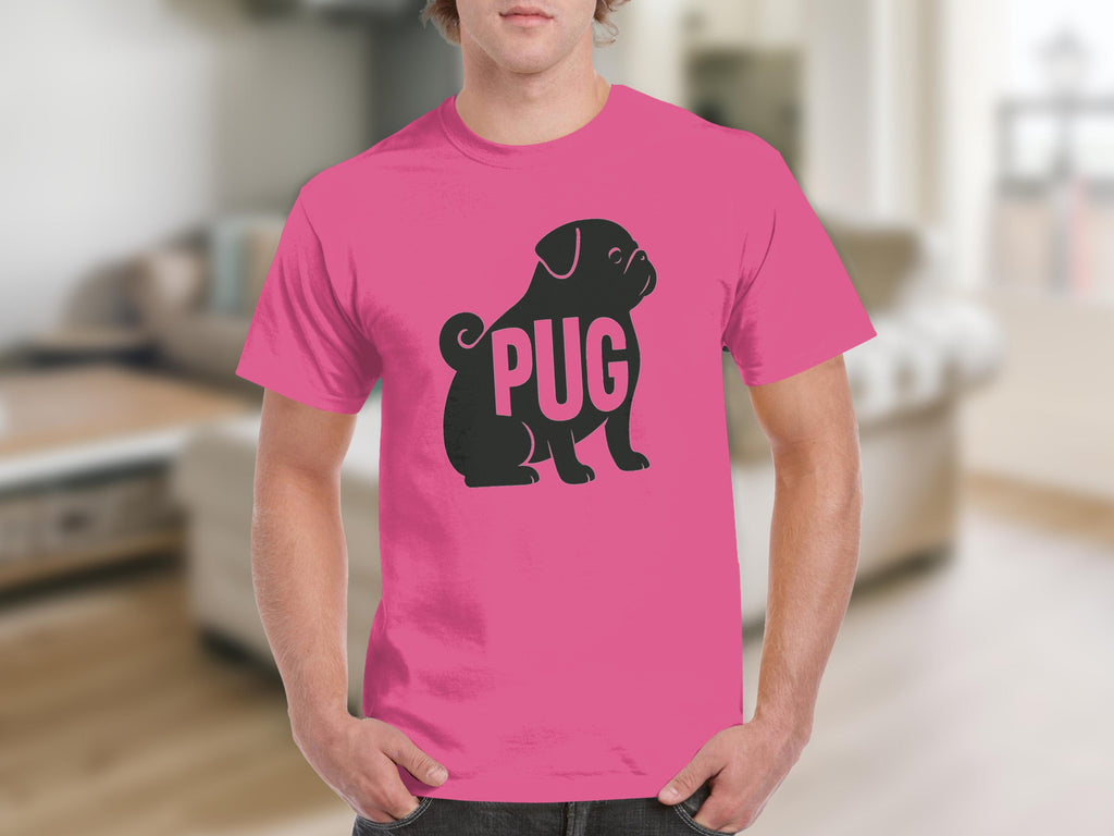 Pink t-shirt with black pug graphic and the word "PUG" on the shirt.