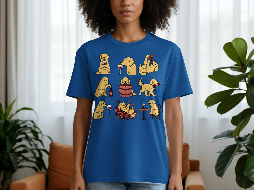 Cartoon golden retrievers holding wine glasses and interacting with wine bottles.
