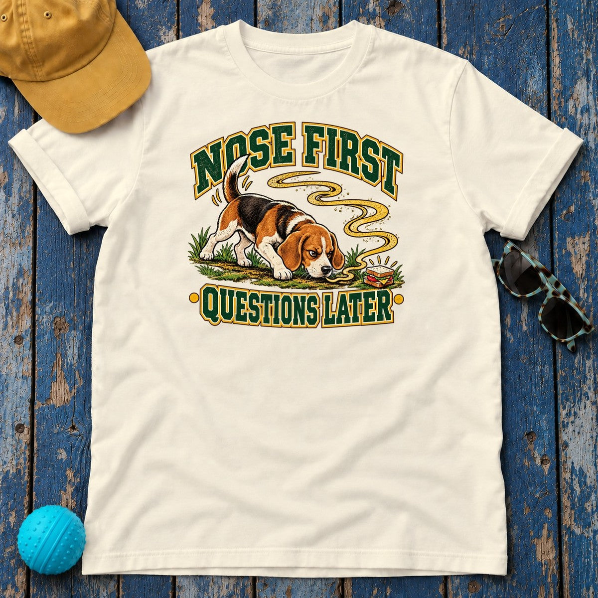 Nose First Questions Later Beagle T-Shirt in Natural - flat lay
