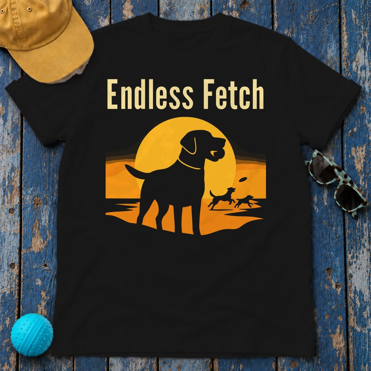 Endless Fetch with Labs Sunset Scene Graphic Design T-Shirt in Black