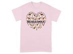 Pink t-shirt with a heart made of beagles and paw prints, saying "BEAGLEHOLIC".