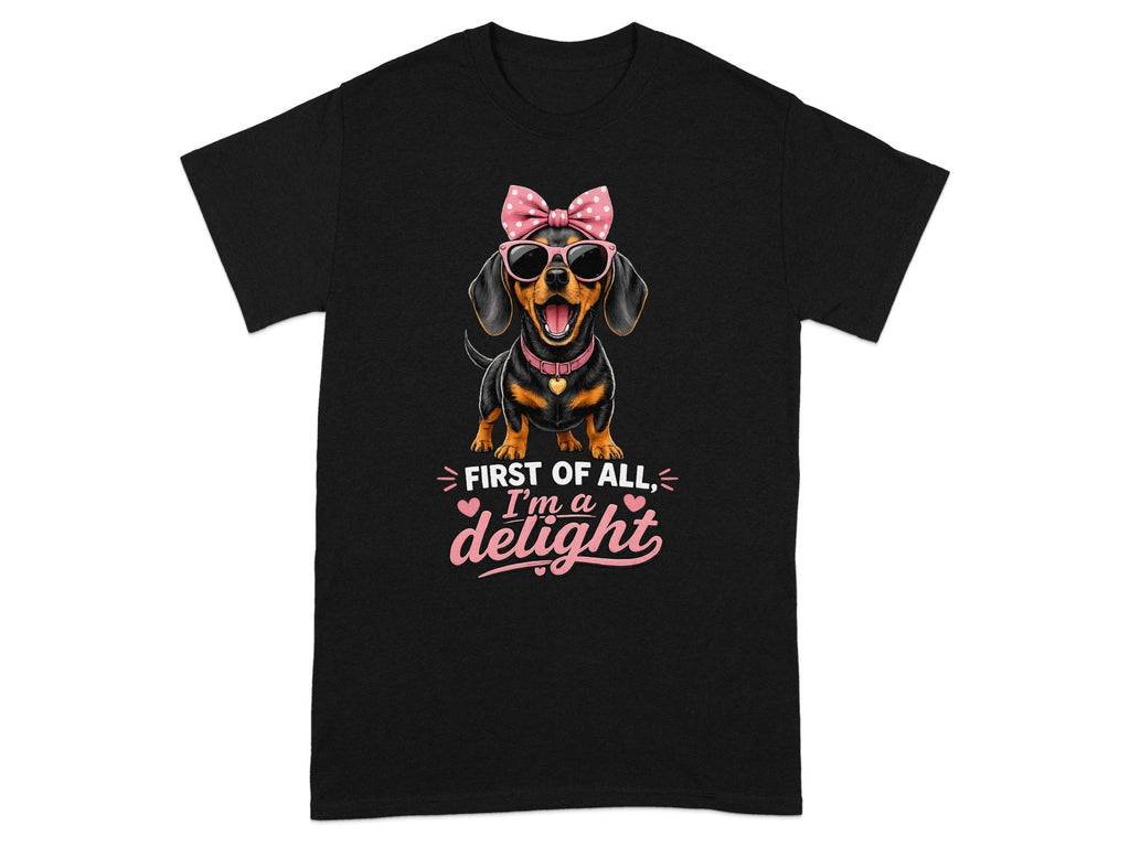 Black t-shirt with dachshund wearing sunglasses and a pink bow saying "I'm a delight".