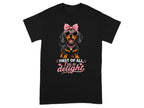 Black t-shirt with dachshund wearing sunglasses and a pink bow saying "I'm a delight".