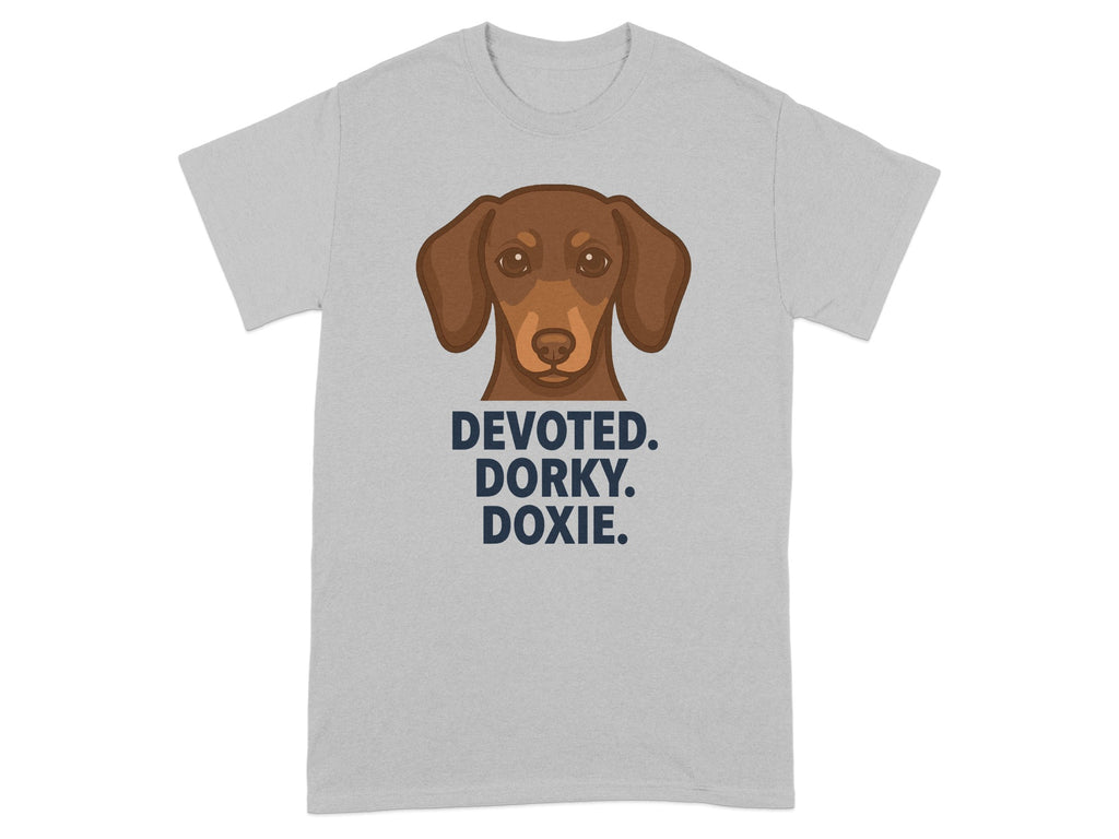 Grey t-shirt with a dachshund graphic and text "DEVOTED. DORKY. DOXIE."
