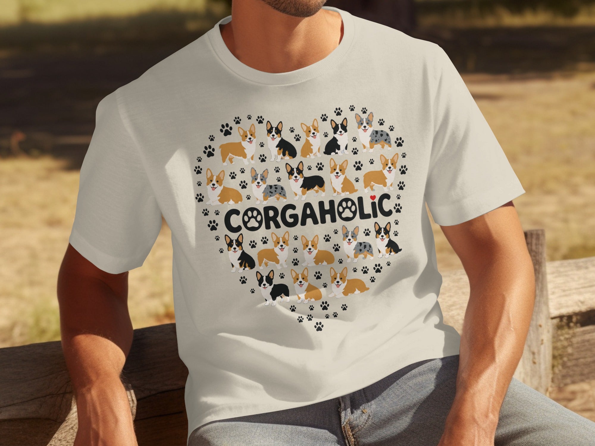 T-shirt with heart-shaped corgi dog pattern and "CORGAHOLIC" text.